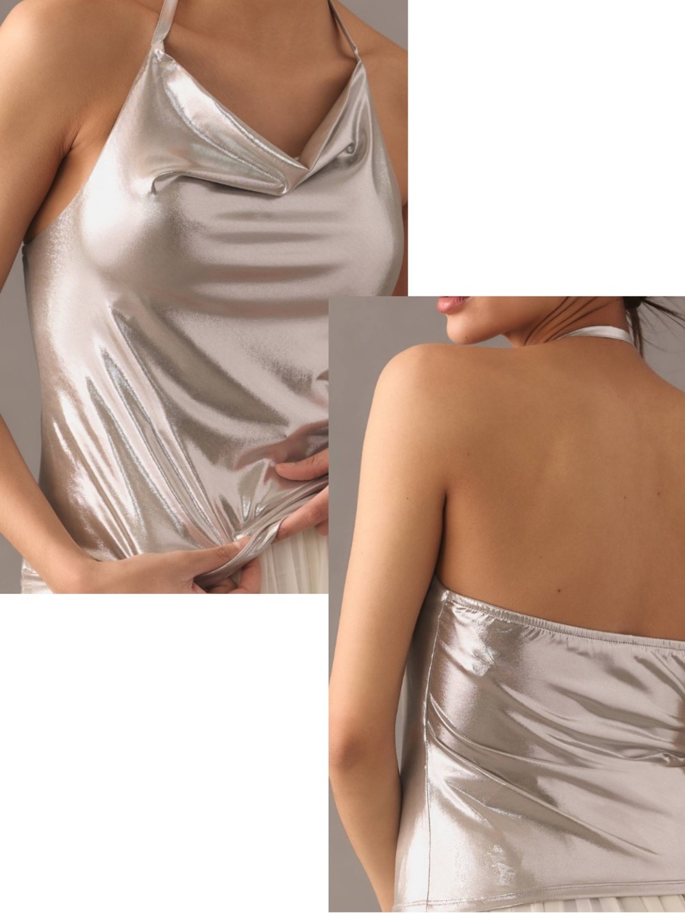 ! New Anthropologie Metallic Silver Cowl Neck Halter Top Size Small